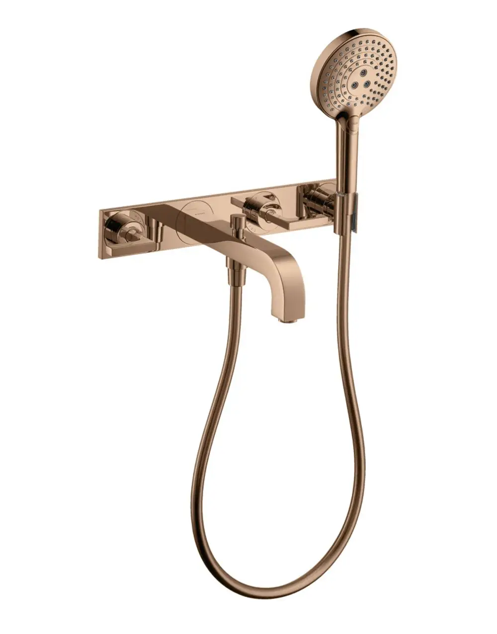 AXOR Armatur für die Wandmontage mit zwei Hebelgriffen und einer Handbrause. Ausgeführt in Polished Red Gold mit einem schlanken und funktionalen Design.